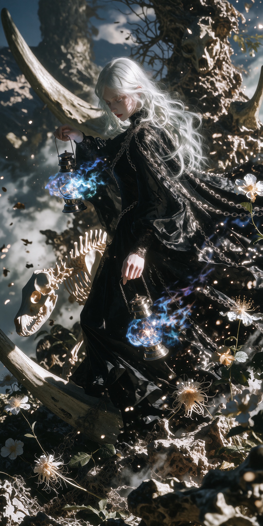 @m1avintage ,  A woman with long silver hair walking through an ancient forest filled with enormous bones,  wearing a flow...