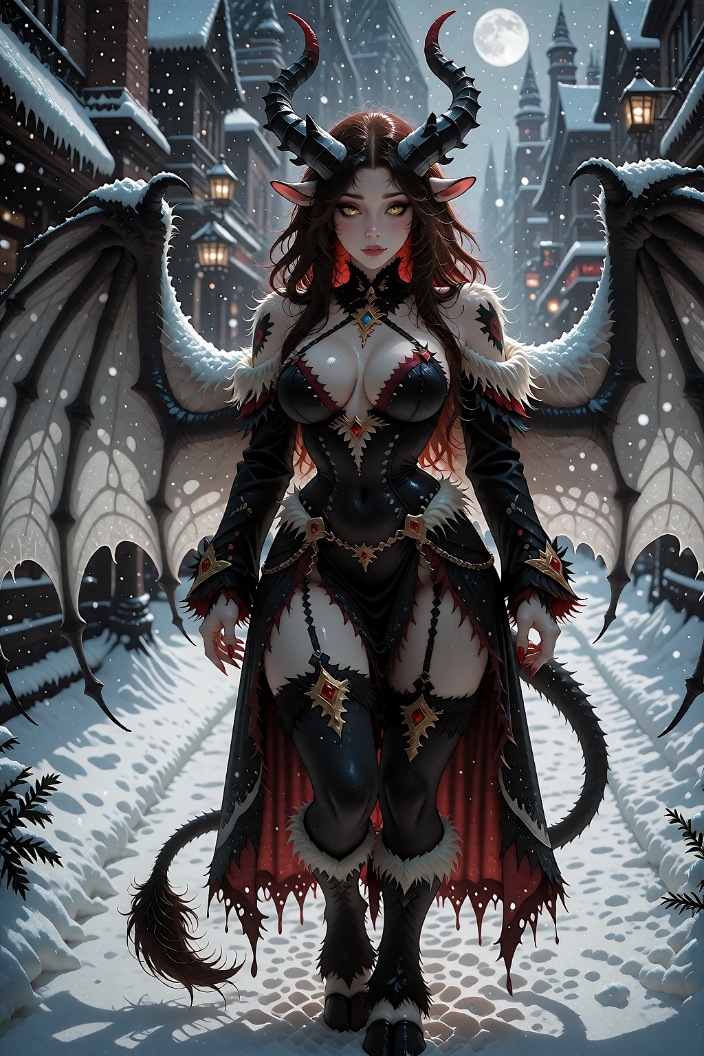 Create an anime-style illustration of Yseldra,  a character with horns,  a tail on Tensor.Art