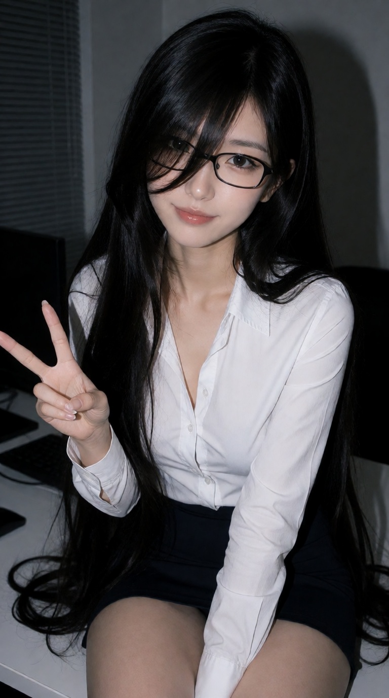 young East Asian woman with extremely long black hair and soft side-swept bangs partially covering her forehead,  deep dar...