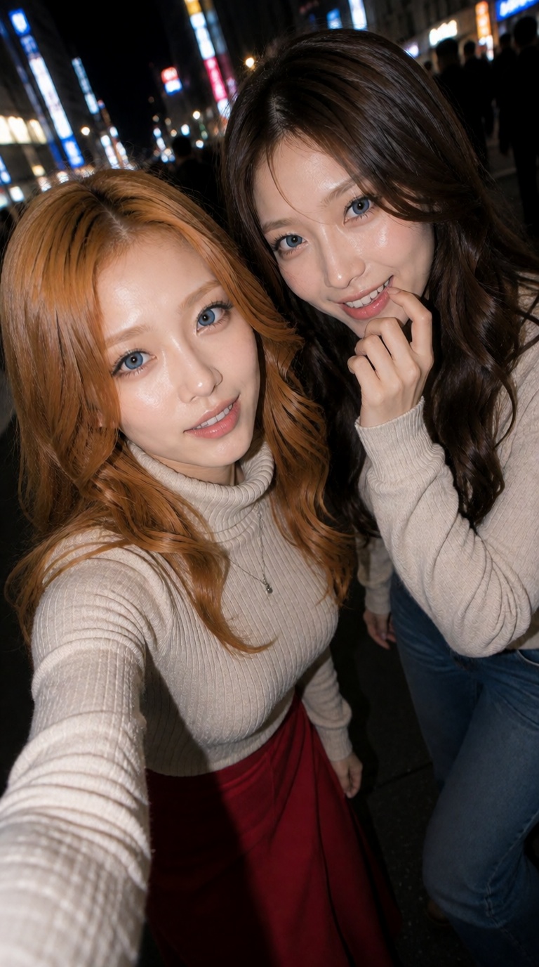 Create a raw selfie with a high depth of field,  capturing two East Asian women with fair white skin and chocolate brown,...