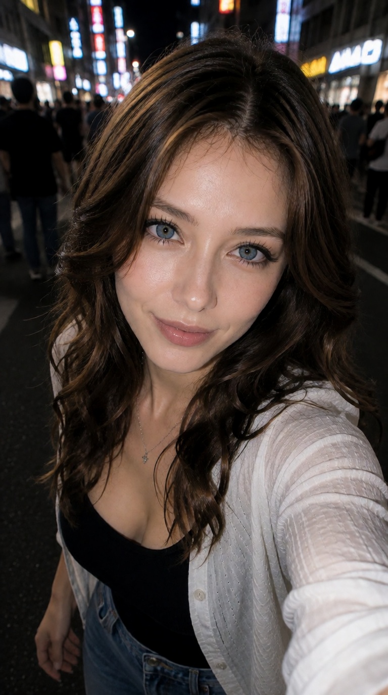 a raw selfie with a high depth of field,  capturing a woman with fair white skin and chocolate brown,  medium-length wavy...