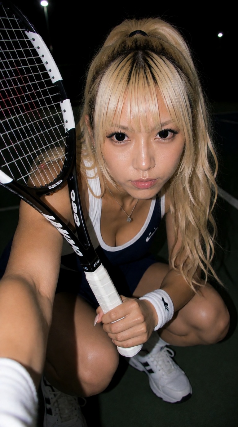 A woman with long,  blonde hair and blunt bangs,  wearing tennis attire on Tensor.Art