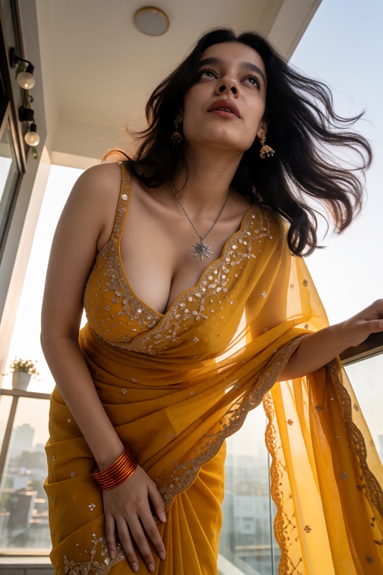 Cinematic photograph of a young South Asian woman with bend forward fair skin and dark hip-length hair,  dramatic extreme...