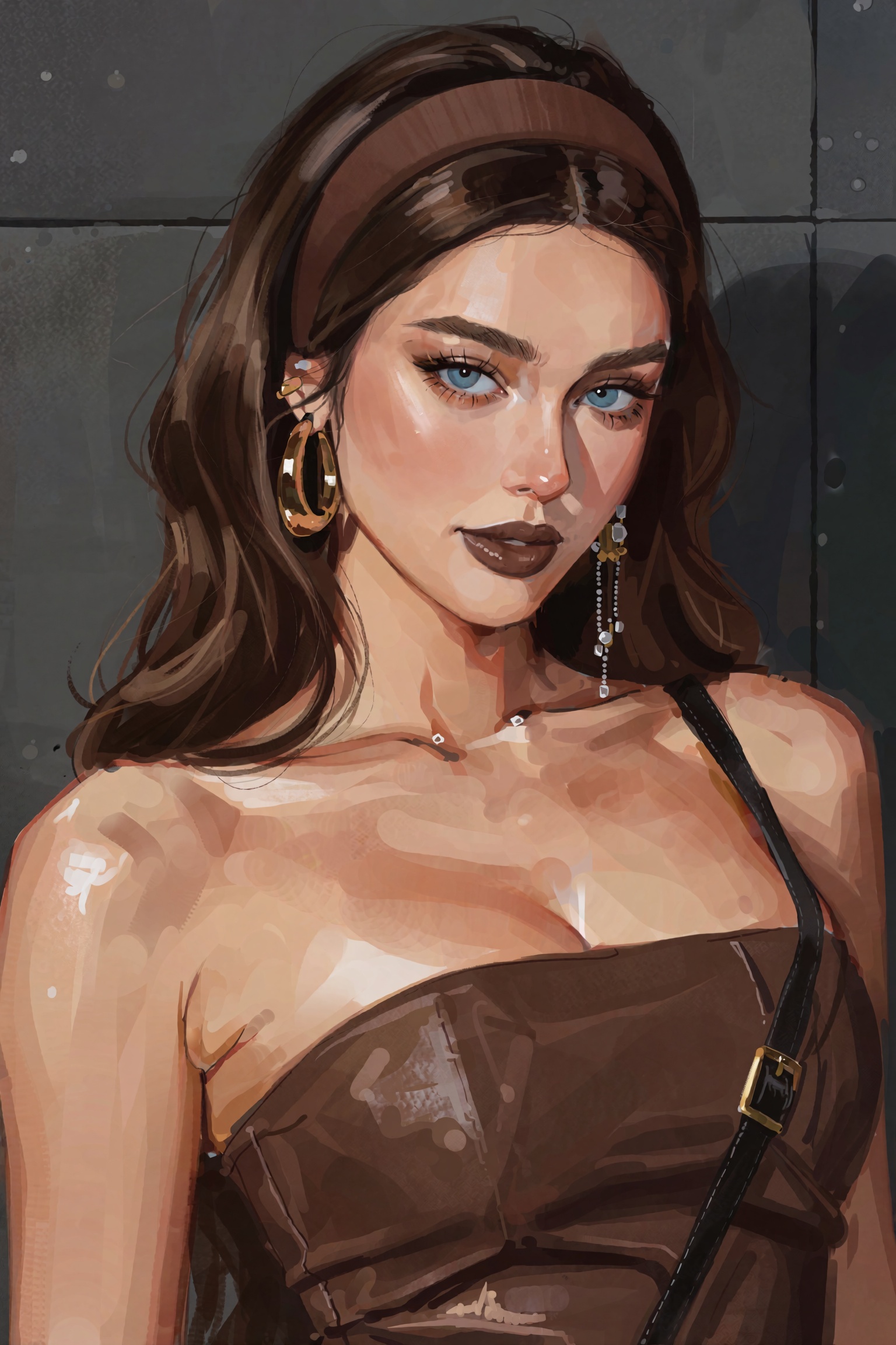 A digital art painting of a woman in a brown strapless dress with a brown headband on her head. The woman's hair is long a...