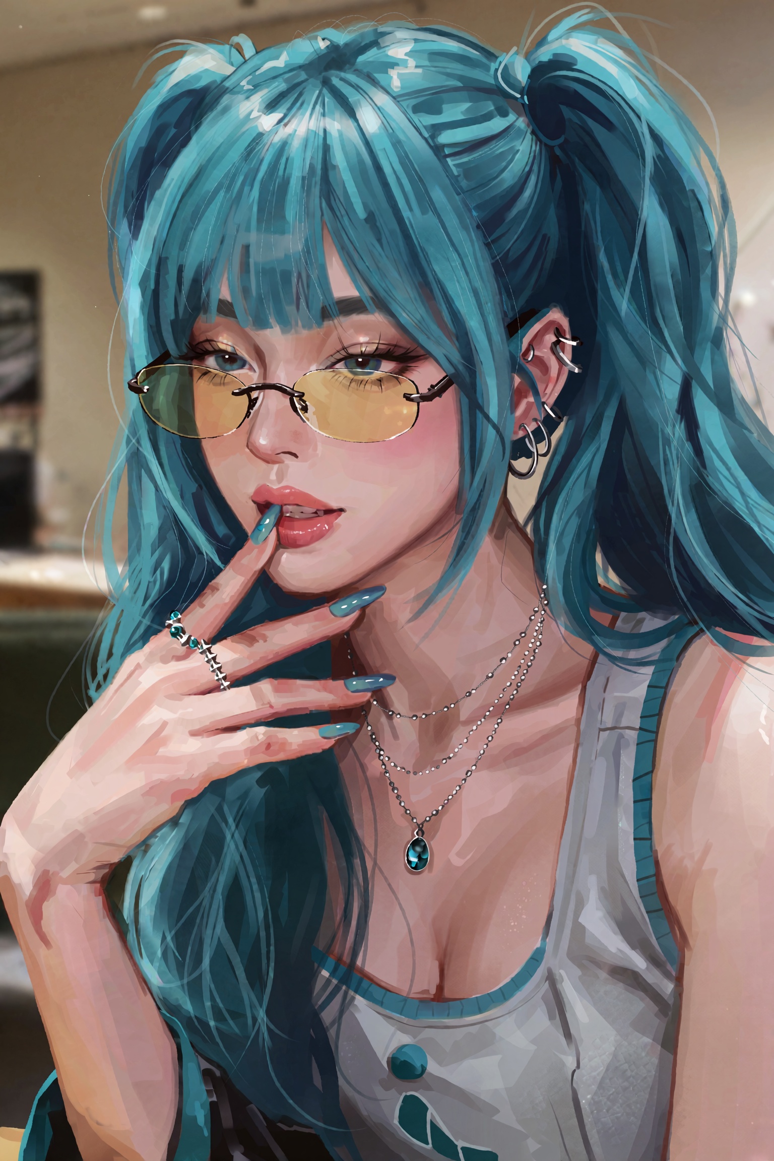 Hatsune Miku,  depicted with her long,  flowing vibrant turquoise hair styled in her iconic twin pigtails with straight ba...