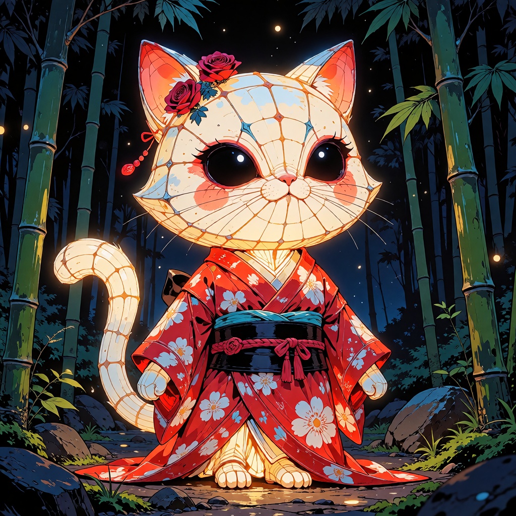 a cat-shaped paper lantern spirit wearing a red-and-white kimono,  glowing softly in a bamboo forest at night on Tensor.Art