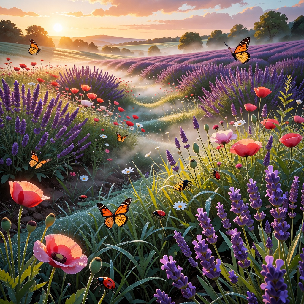 A lush meadow landscape teeming with vibrant lavender fields and poppies,  the golden hour light casts a warm,  ethereal g...