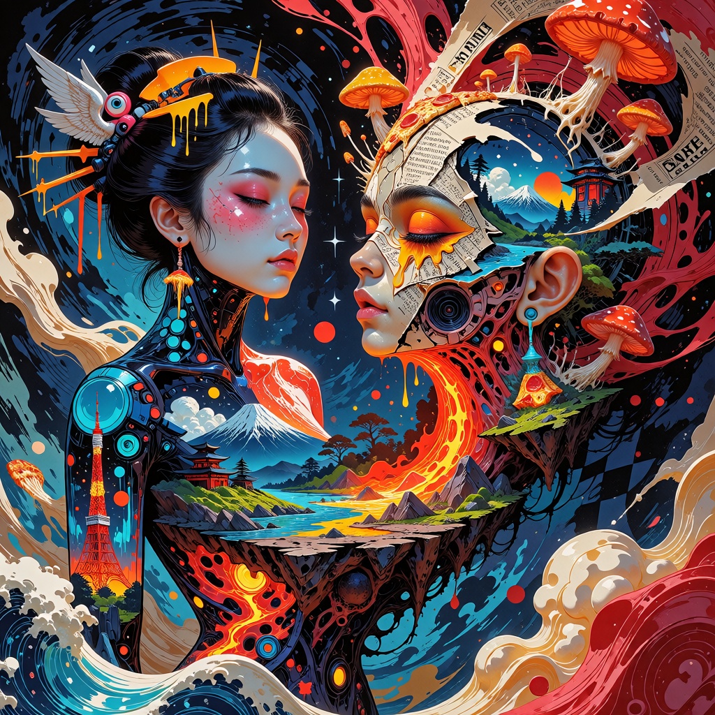 8K Surreal Photo Manipulation,  Pop-Surrealist painting from a vortex of chaos. On one side,  a serene cyber-geisha floats...