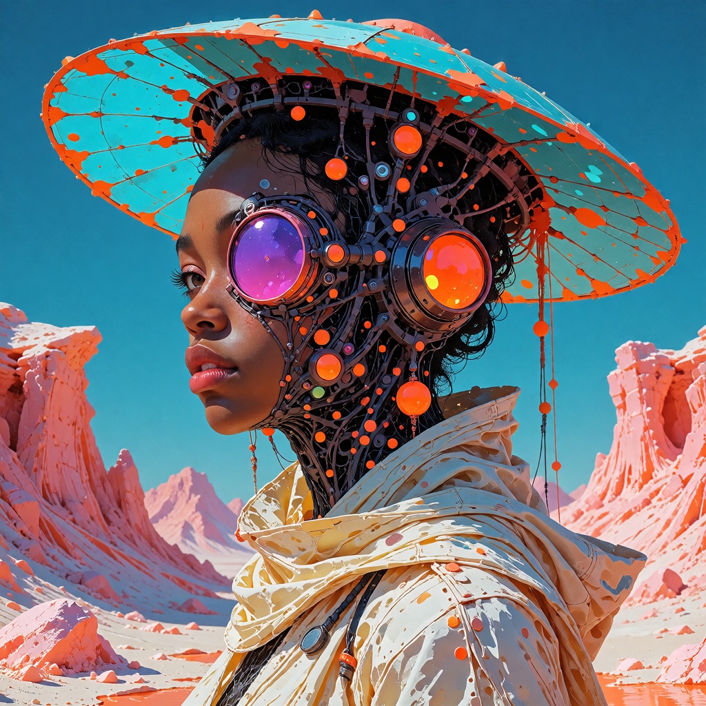 Afrofuturist 3D portrait of a copper-skinned desert engineer turning in profile beneath a wide turquoise antenna crown. An...