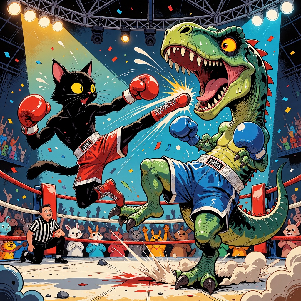 whimsical storybook illustration: A hilarious action scene inside a boxing ring: a muscular black cat,  wearing red boxing...