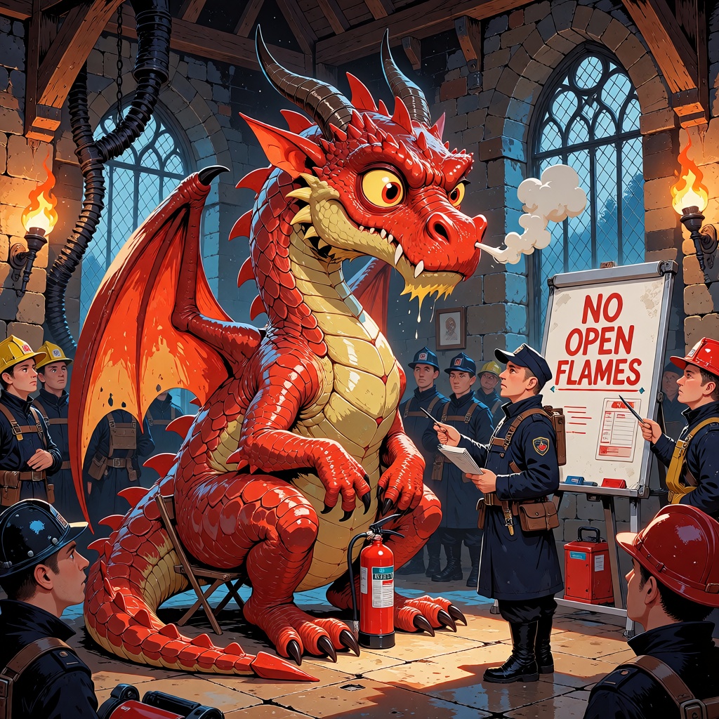 Inside a medieval fire station,  a gigantic friendly dragon has been forced to attend mandatory workplace safety training....