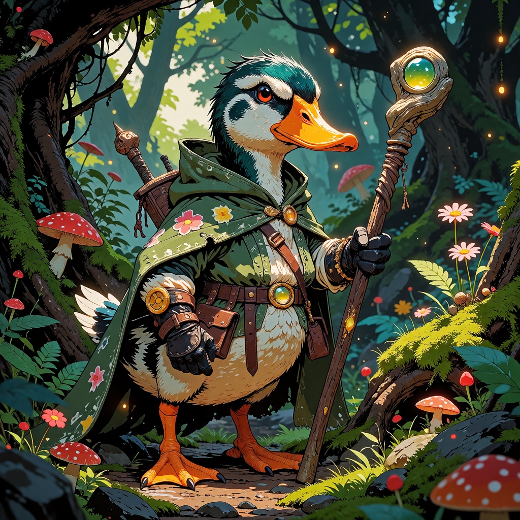 A realistic anthropomorphic duck wizard stands ready for battle in a lush enchanted forest. The duck has sharp,  determine...