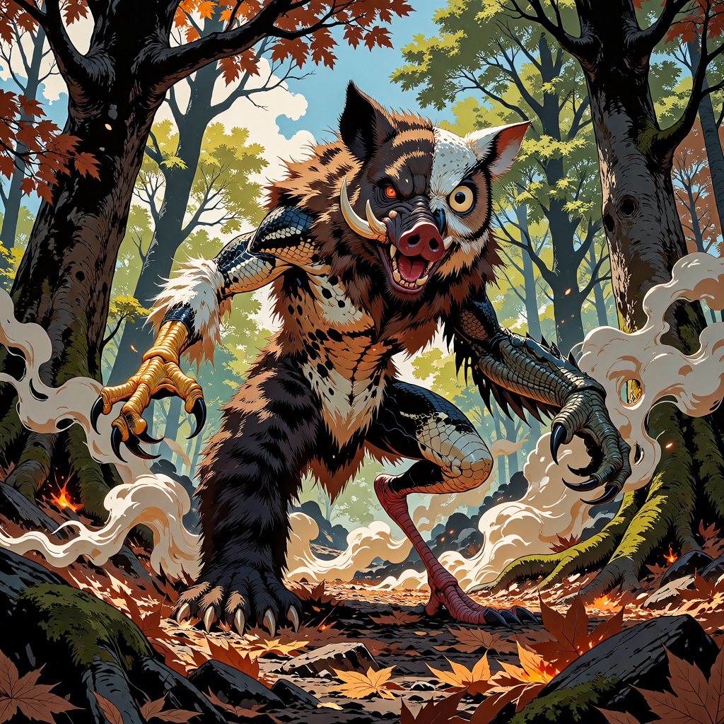 whimsical storybook illustration: A delicate,  Art Deco-Dark fantasy daytime scene in a dense ancient deciduous forest. No...