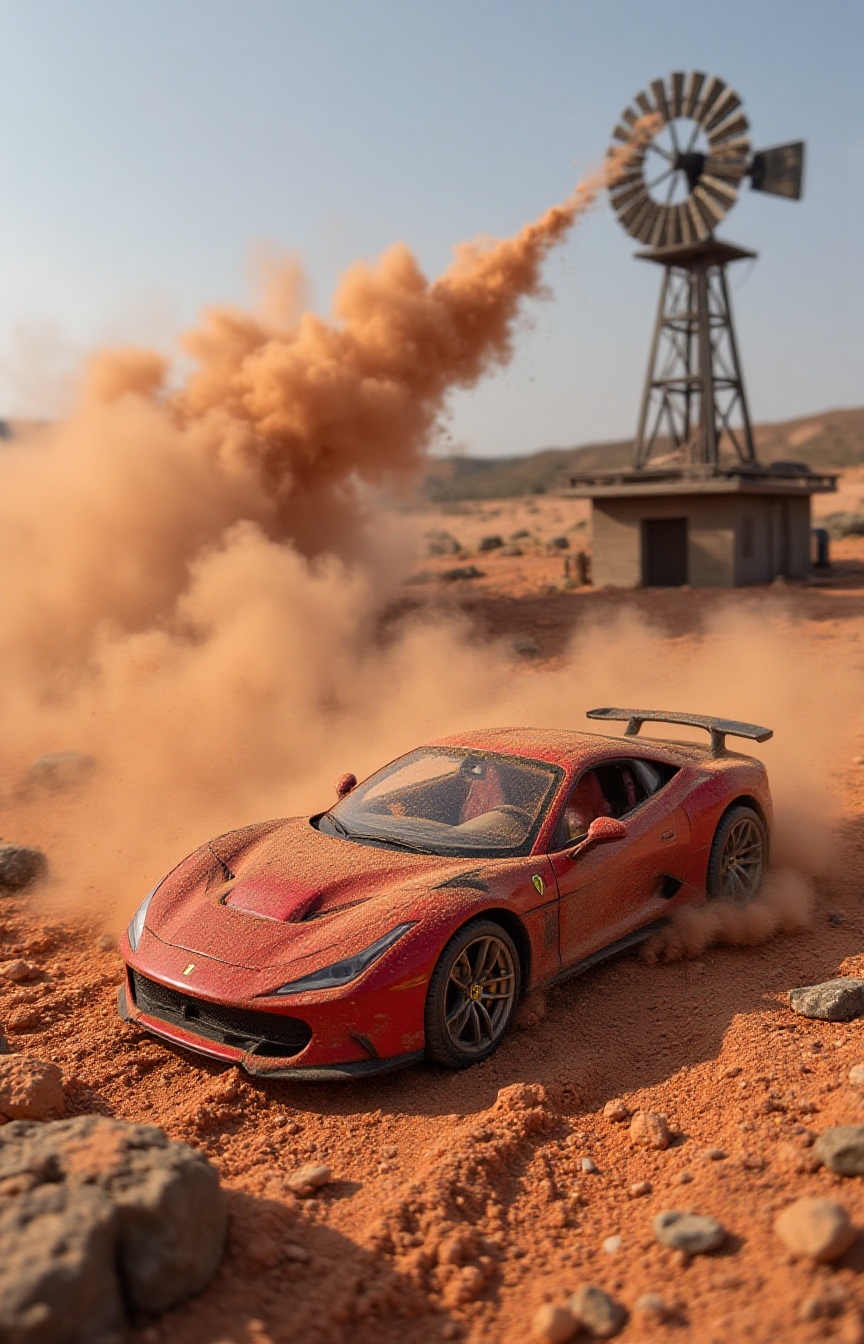 A miniature Diorama scene Main Subject: Off-road Ferrari (Baja Style). The Windmill: A windmill acting as a sand-spitter....