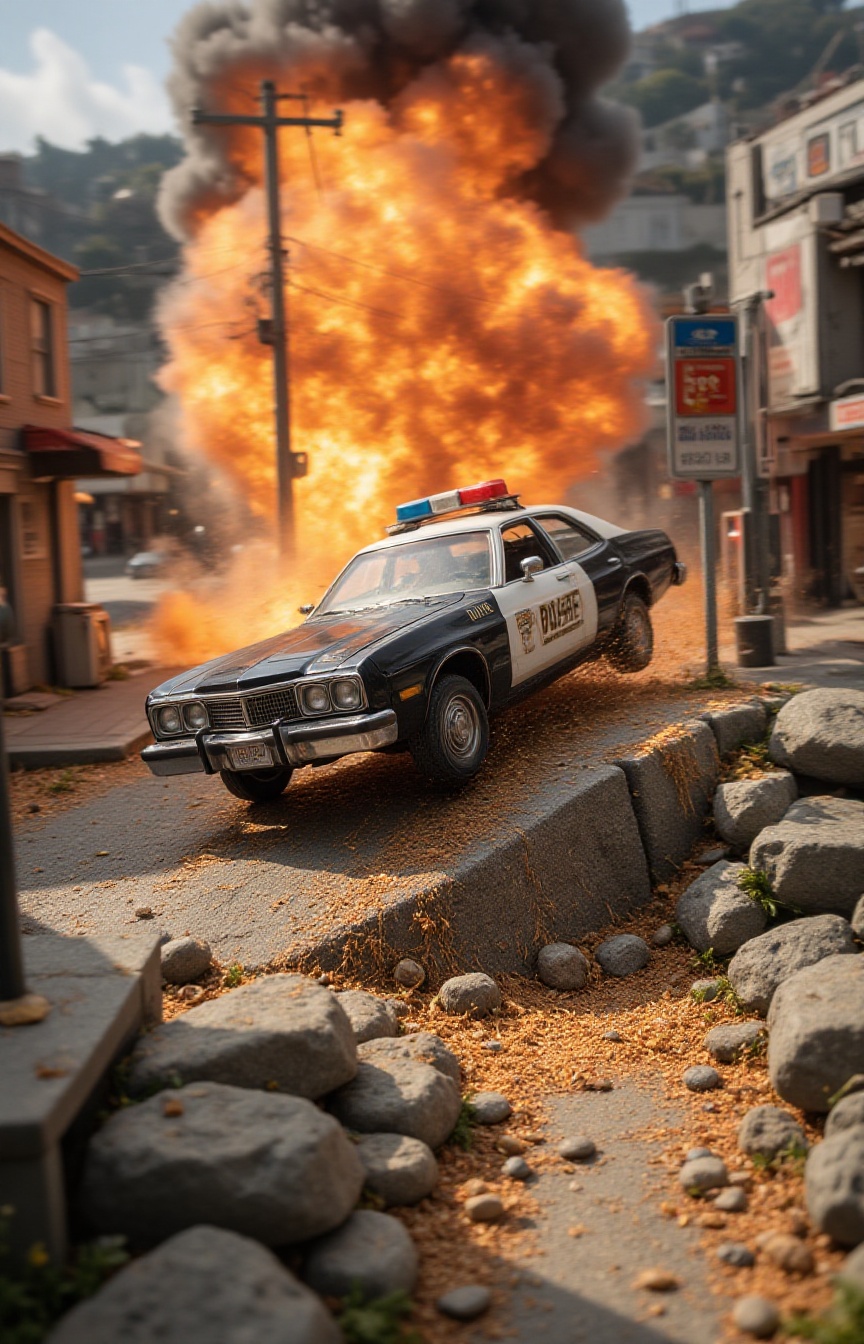 A miniature Diorama scene of a gritty,  1970s cinema-style action shot of a classic vintage Plymouth Fury police cruiser l...