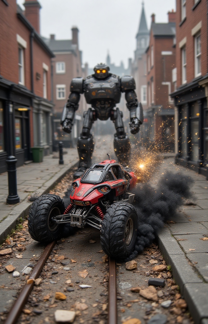 A miniature Diorama scene of a Action photograph focusing sharply on a compact,  four-wheeled Mecha Hybrid tearing up a Vi...