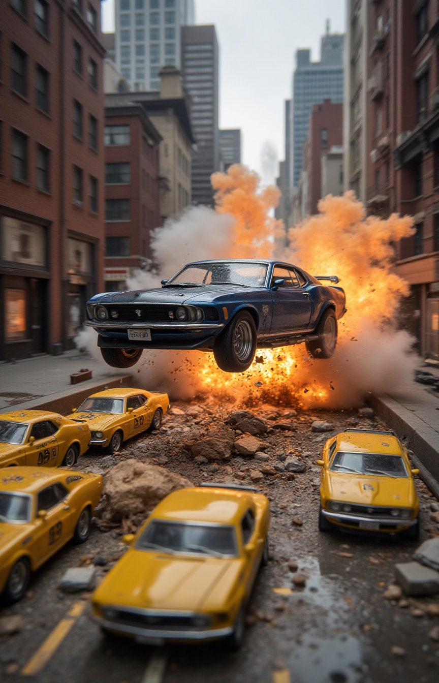 A miniature Diorama scene of a Low-angle perspective of a vintage midnight blue 1970 Ford Mustang Mach 1 flying over a row...