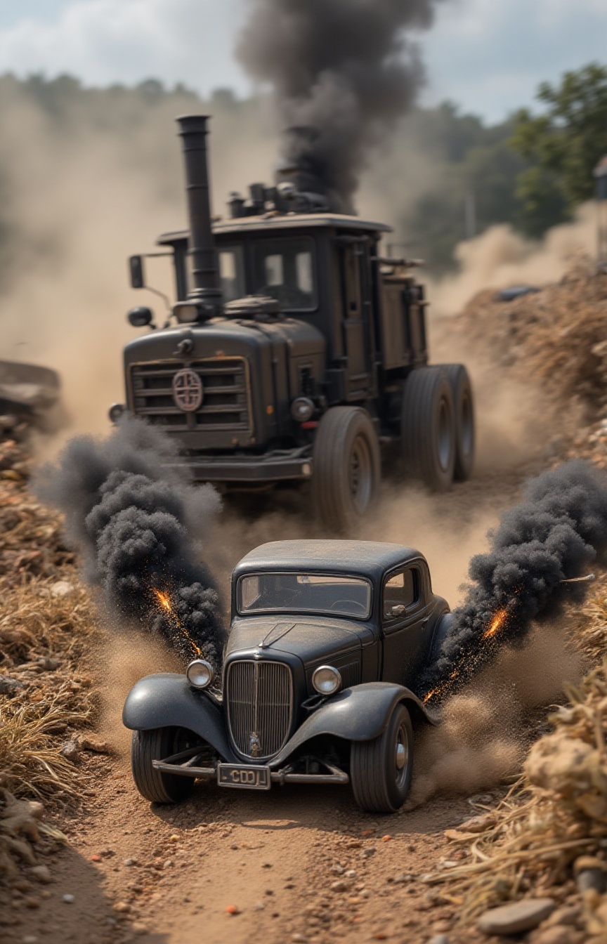 A miniature Diorama scene of Razor-sharp action shot of a heavy vintage coupe charging through a dusty construction zone....