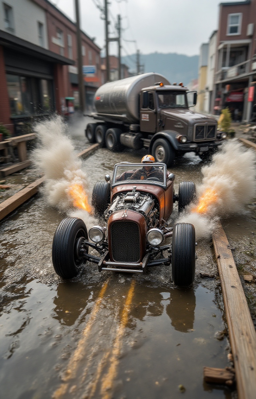 A miniature Diorama scene of a Hyper-focused photograph of a sleek,  high-mobility vintage speedster charging through a fl...