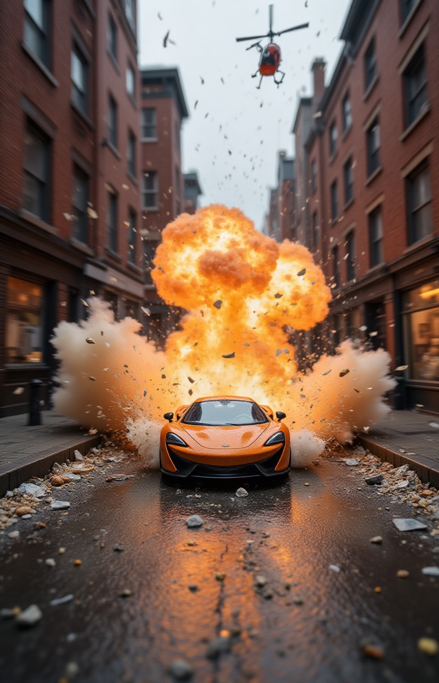 A miniature Diorama scene of a sleek,  orange supercar speeding toward the viewer,  narrowly escaping a massive explosion....