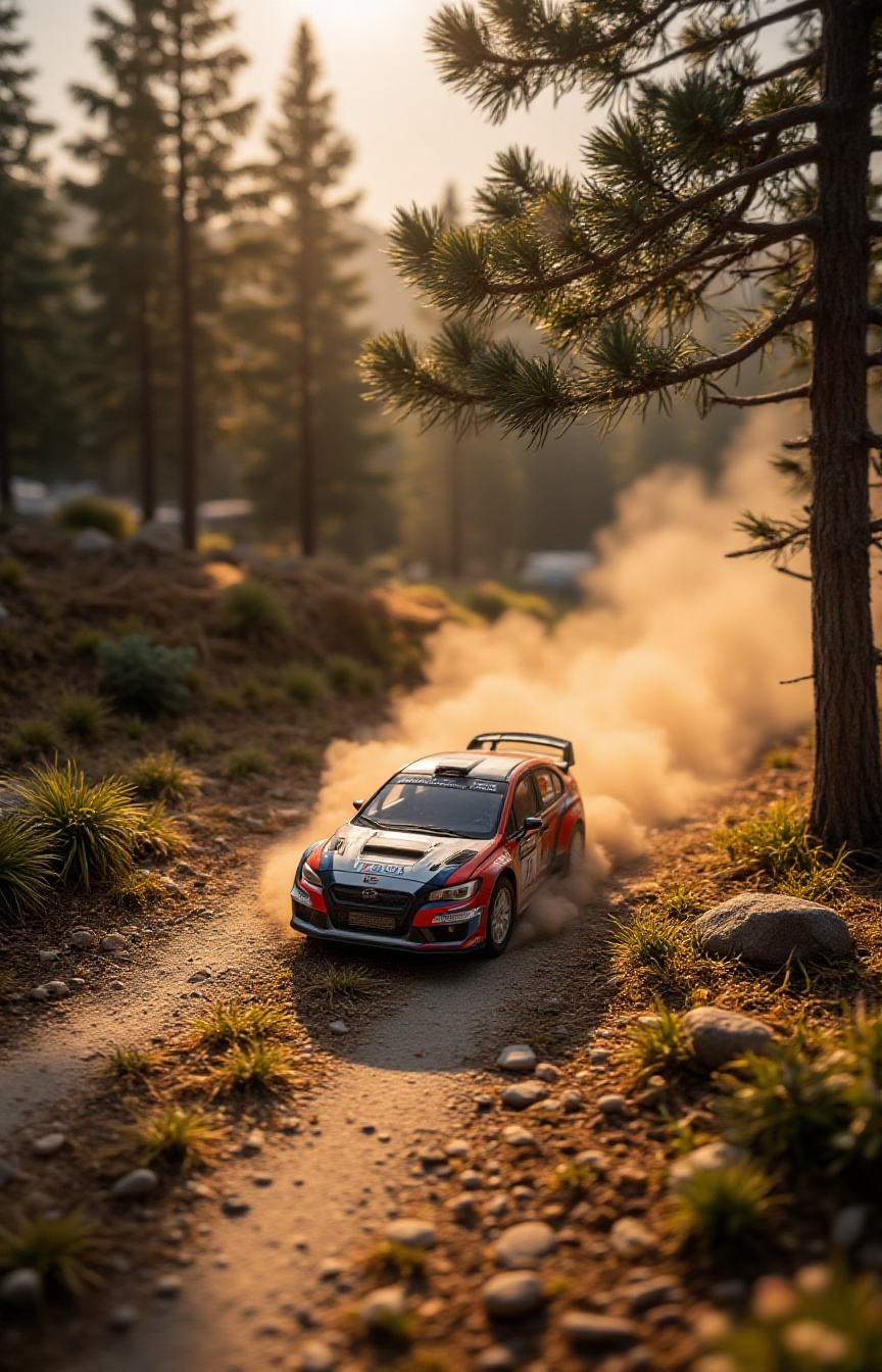 A miniature Diorama scene of a rally car bathed in dramatic,  warm golden hour sunlight. A long,  soft shadow of a large p...