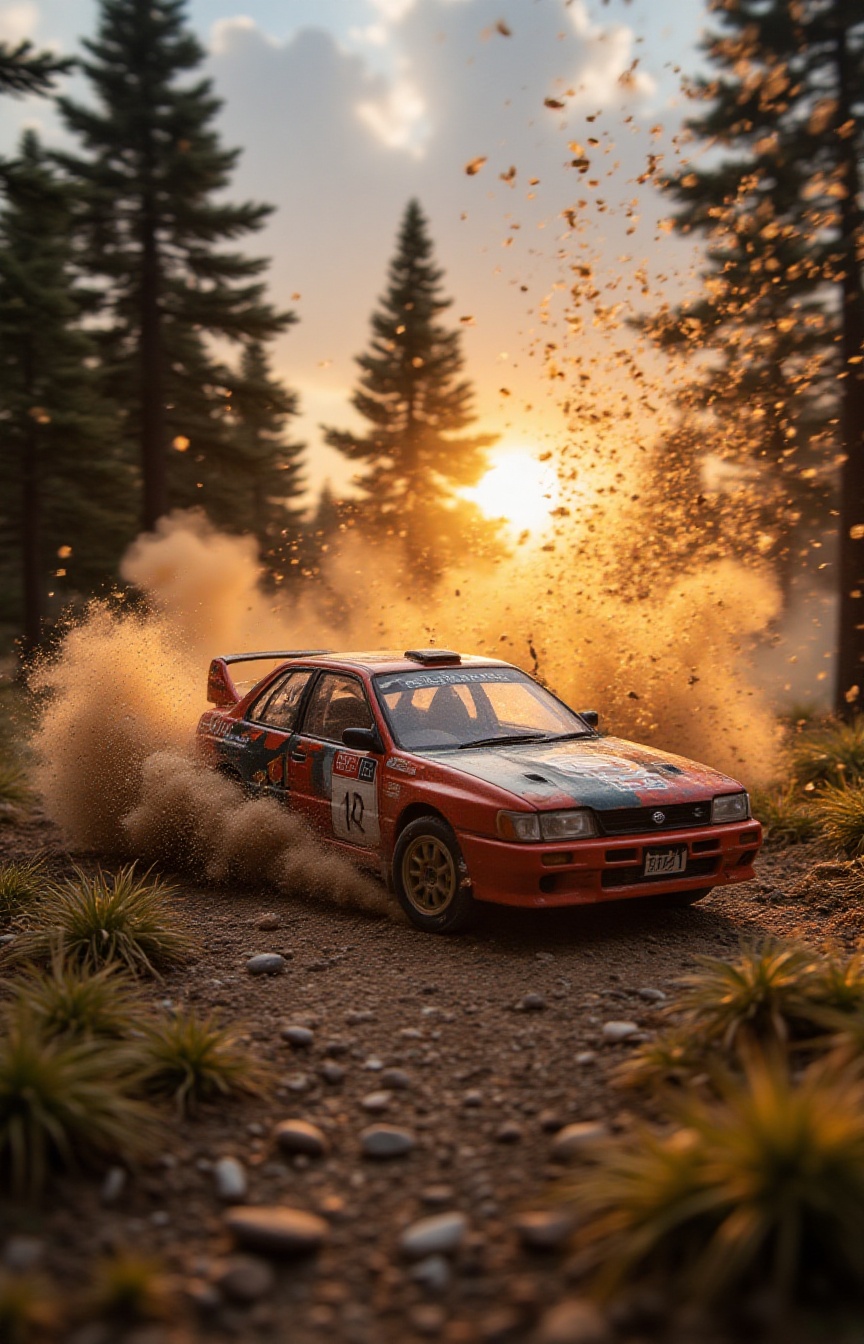 A miniature Diorama scene of an extreme low-angle,  cinematic shot of a miniature Nissan Sunny GTI-R rally car. The sun is...