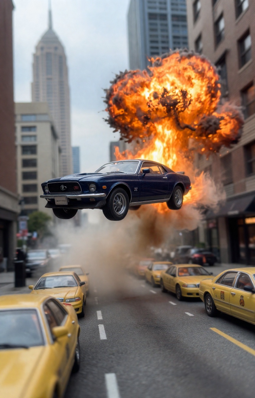 A miniature Diorama scene of a Low-angle perspective of a vintage midnight blue 1970 Ford Mustang Mach 1 flying over a row...