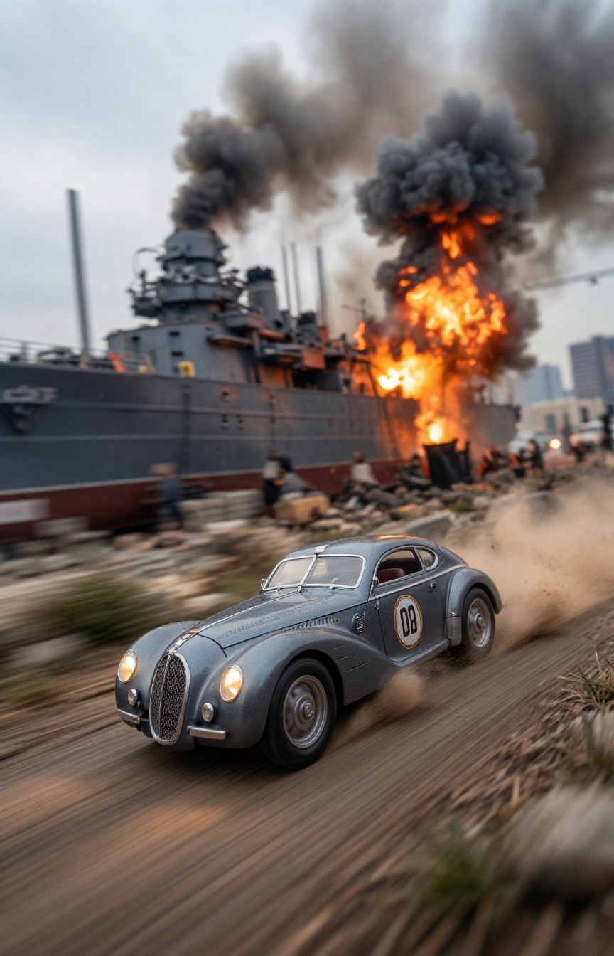 A miniature Diorama scene of An extraordinary tracking shot with a sleek,  custom-built 1940s racing coupe in 100% razor-s...