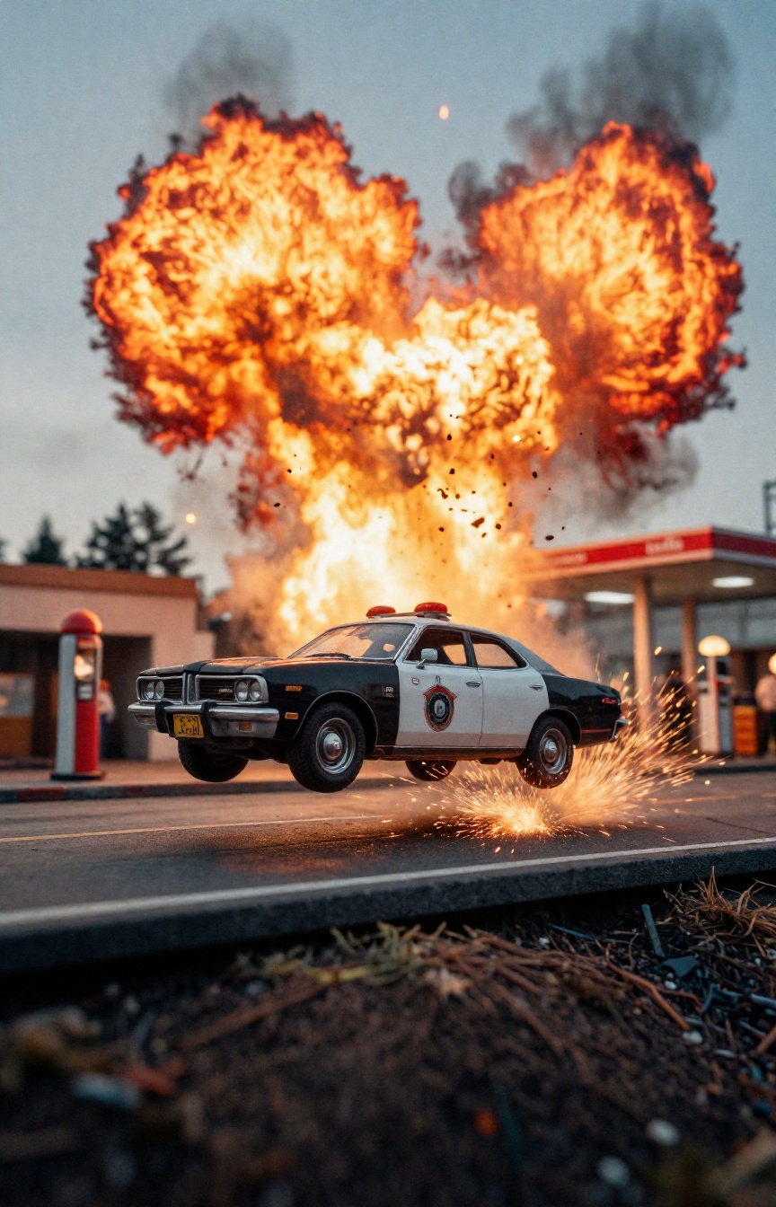 A miniature Diorama scene of a gritty,  1970s cinema-style action shot of a classic vintage Plymouth Fury police cruiser l...