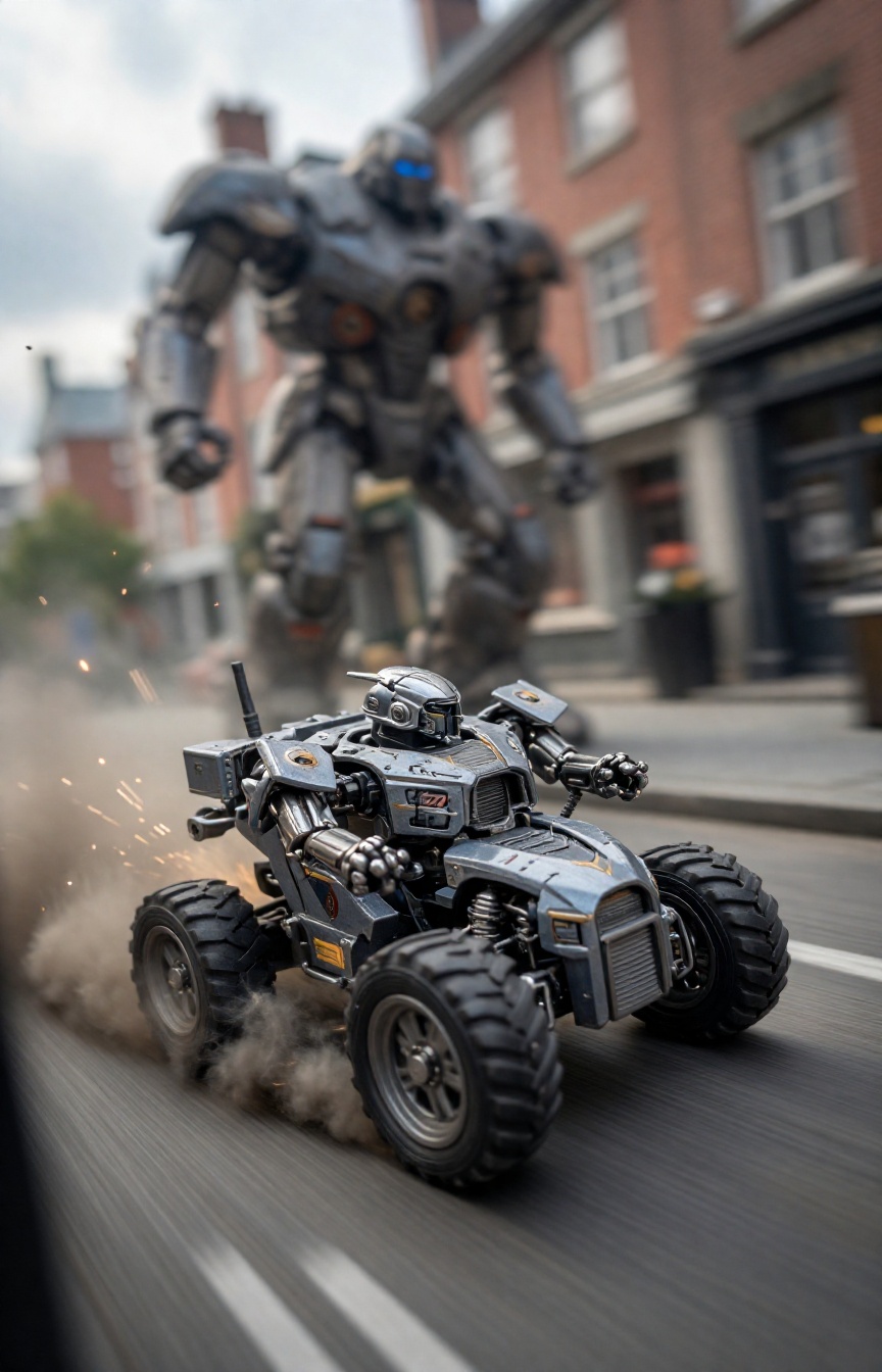 A miniature Diorama scene of a Action photograph focusing sharply on a compact,  four-wheeled Mecha Hybrid tearing up a Vi...
