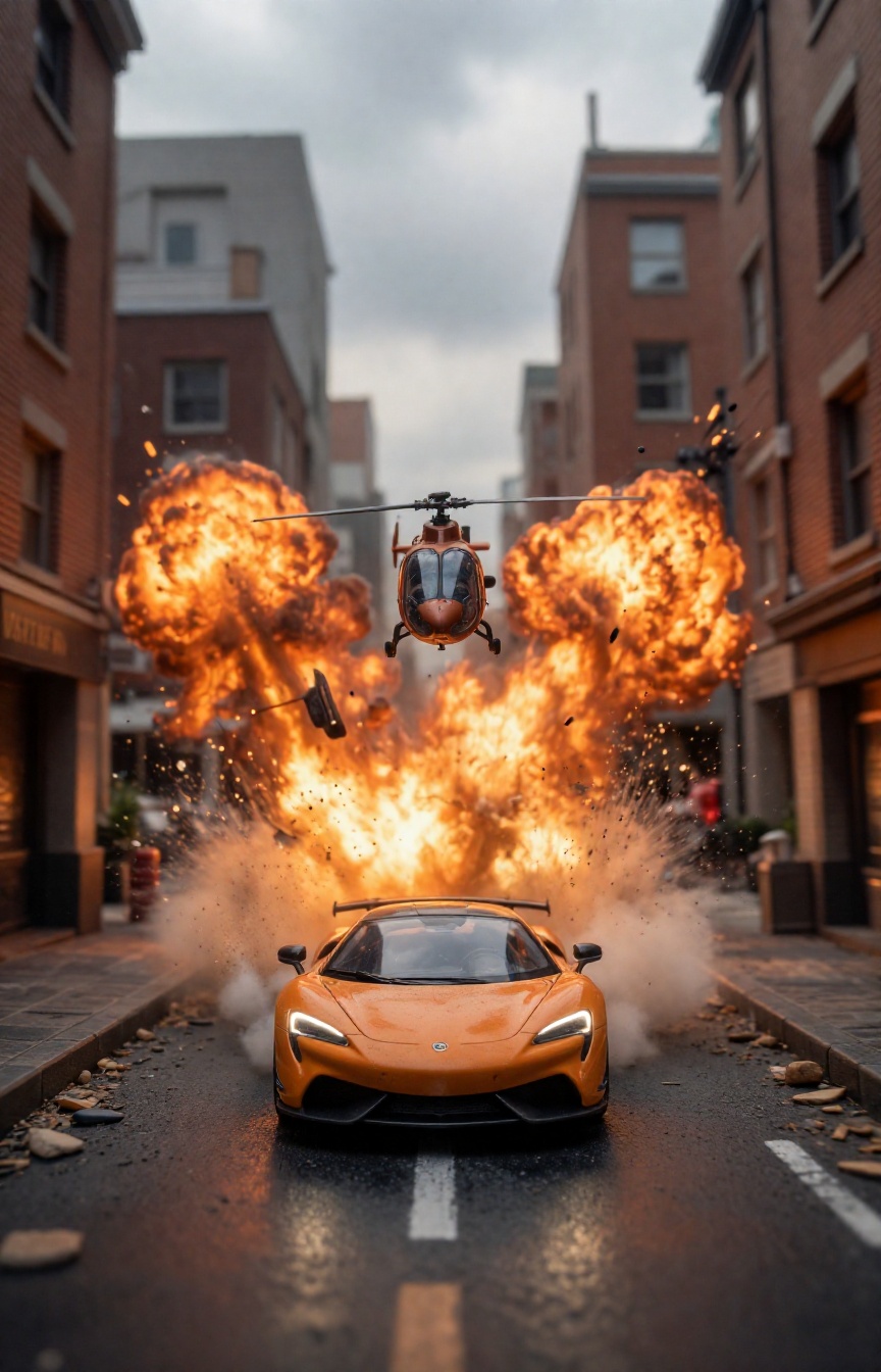 A miniature Diorama scene of a sleek,  orange supercar speeding toward the viewer,  narrowly escaping a massive explosion....
