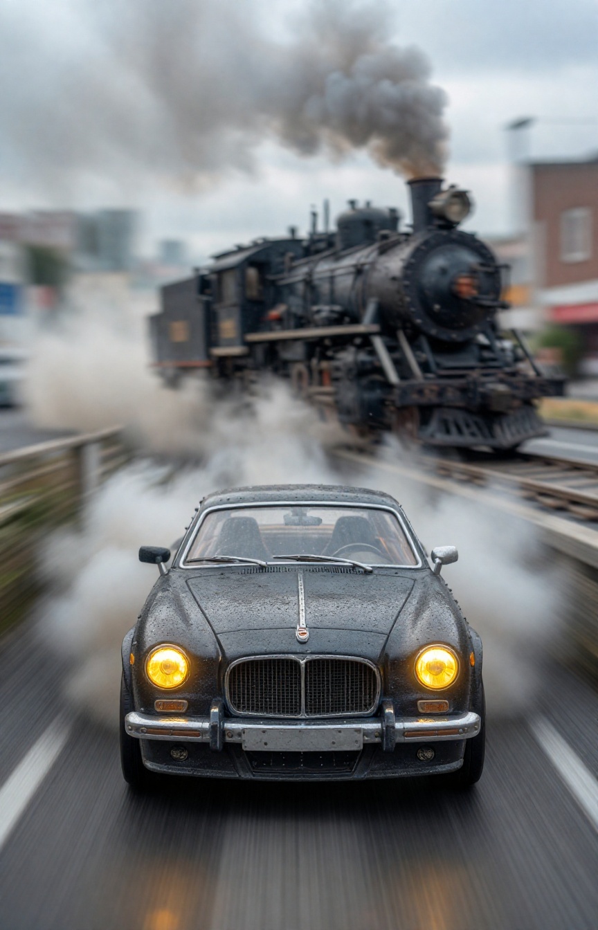 A miniature Diorama scene of a actical front-view shot of a brutalist,  steam-injected vintage coupe sprinting directly at...