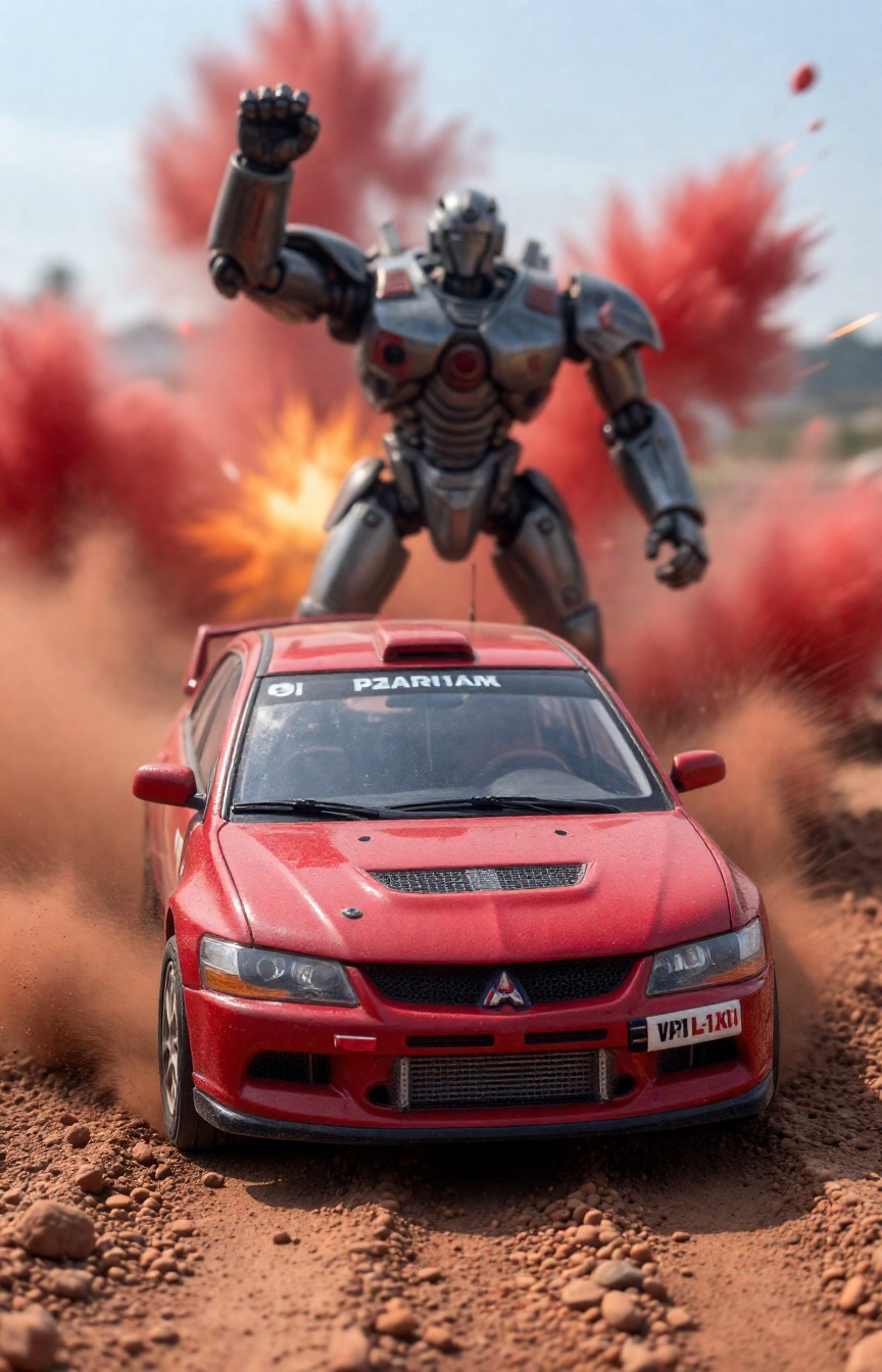 A miniature Diorama scene of the Hyper detailed front tracking shot of a red Mitsubishi Lancer Evolution VI rally car plow...