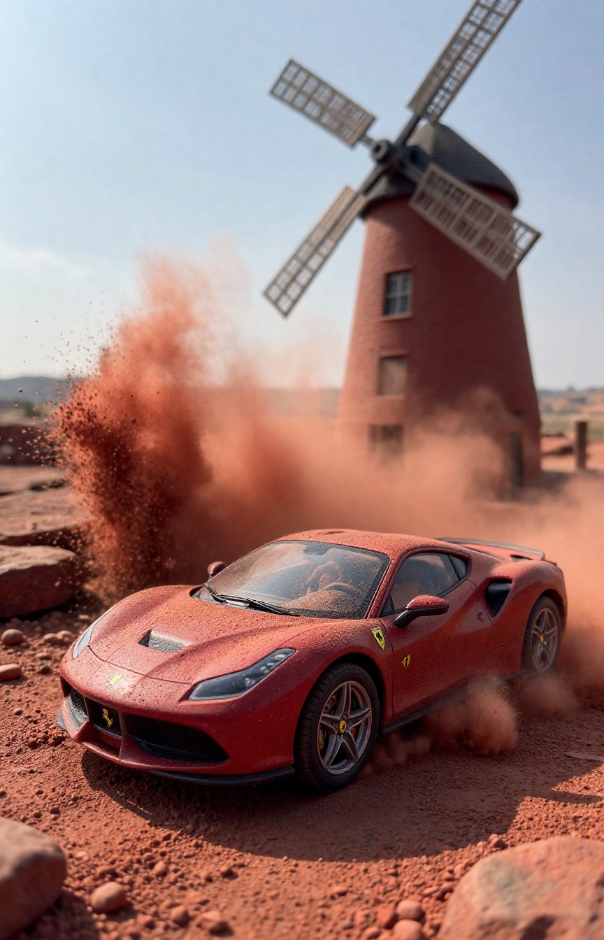 A miniature Diorama scene Main Subject: Off-road Ferrari (Baja Style). The Windmill: A windmill acting as a sand-spitter....