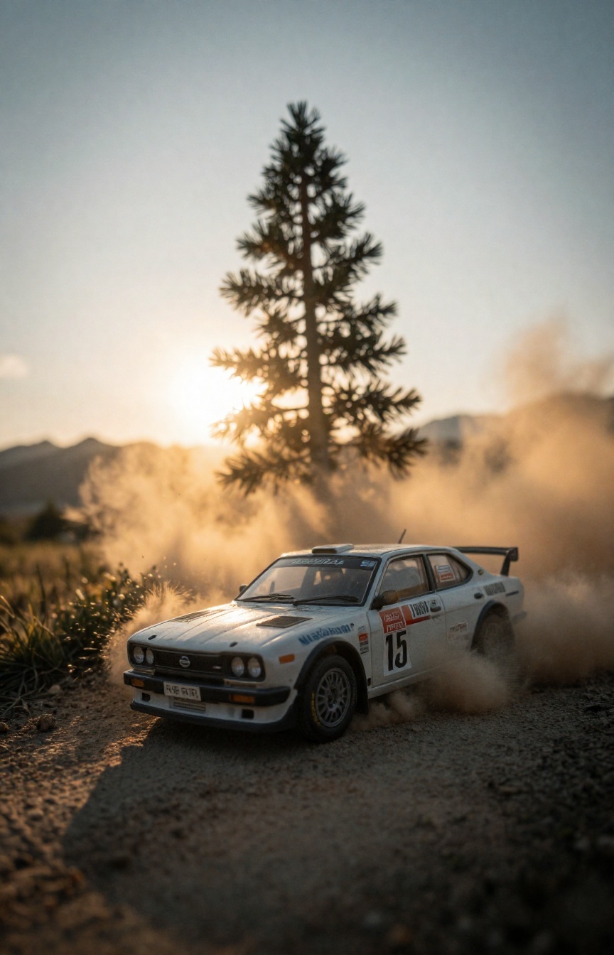 A miniature Diorama scene of an extreme low-angle,  cinematic shot of a miniature Nissan Sunny GTI-R rally car. The sun is...