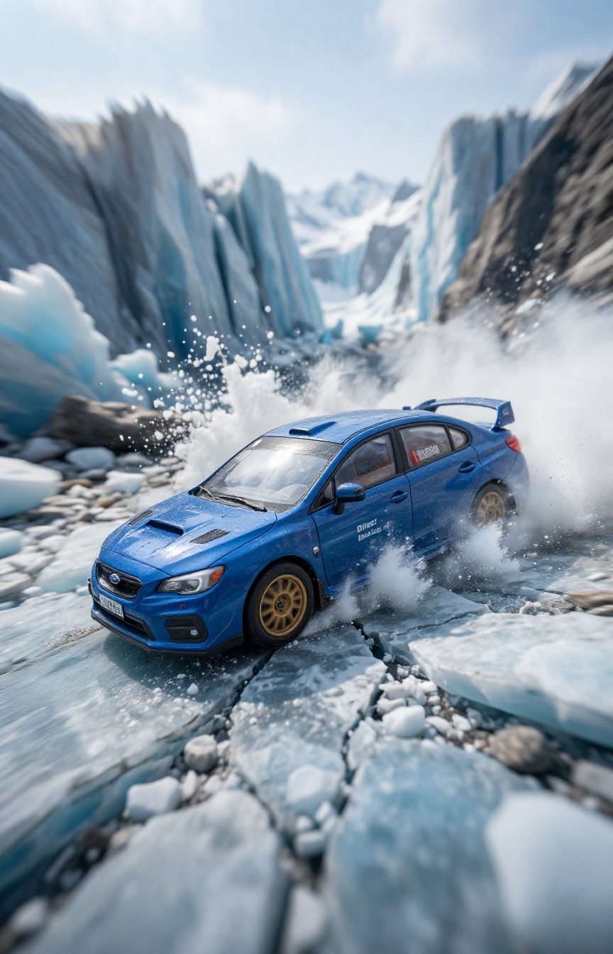 A miniature Diorama scene of An extreme action shot of a blue Subaru WRX STI rally car drifting on a cracking glacial fjor...