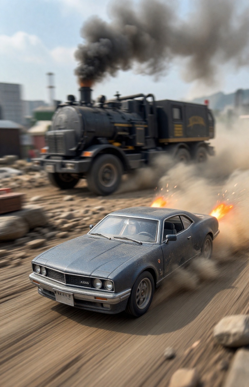 A miniature Diorama scene of Razor-sharp action shot of a heavy vintage coupe charging through a dusty construction zone....