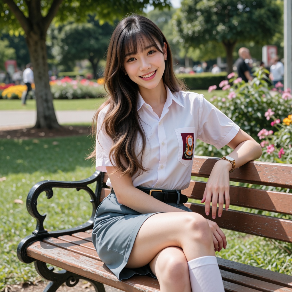 A medium full-body portrait shot captured at eye-level of a beautiful 17-year-old Chinese beauty with a proportional build...