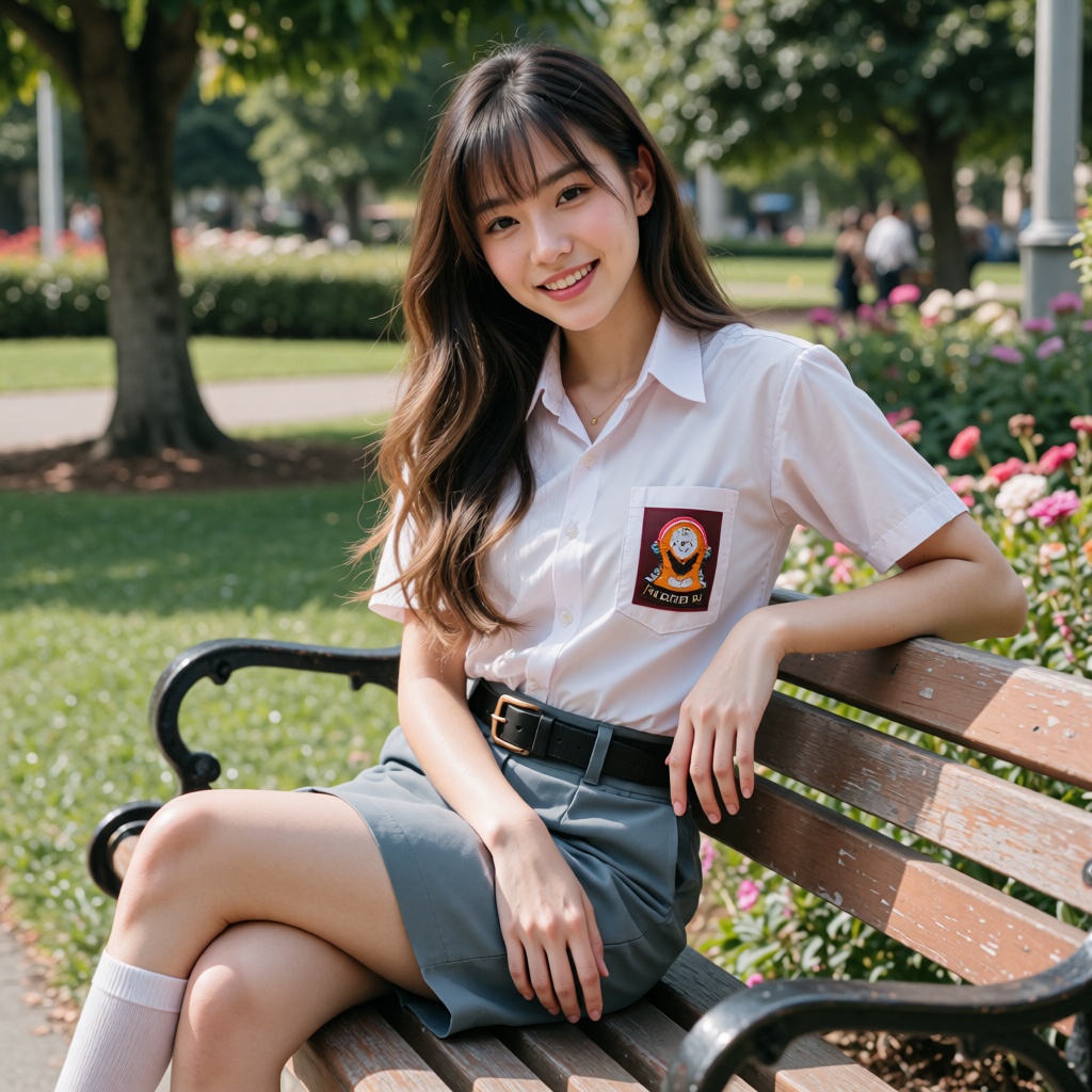 A medium full-body portrait shot captured at eye-level of a beautiful 17-year-old Chinese beauty with a proportional build...
