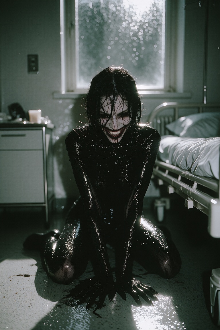 The photograph captures a grim,  frightening scene in a dimly lit,  sterile hospital room. In the center on Tensor.Art