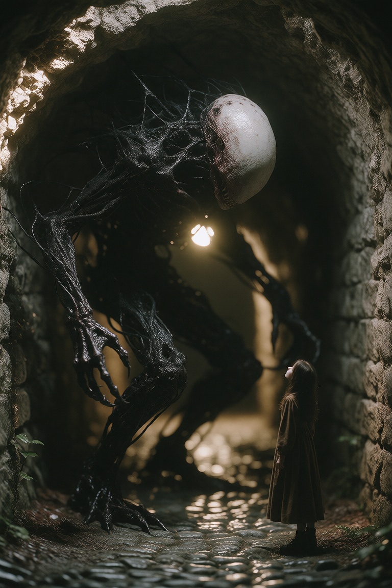 This photograph depicts a dark,  eerie underground stone corridor illuminated by a soft,  yellow light. Dominating the upp...