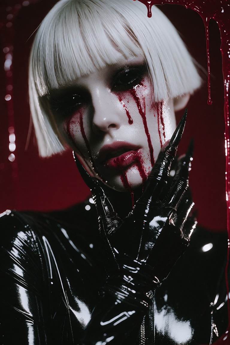 Horror-chic fashion concept. A woman with a sharp,  geometric platinum blonde haircut,  wearing a tight on Tensor.Art