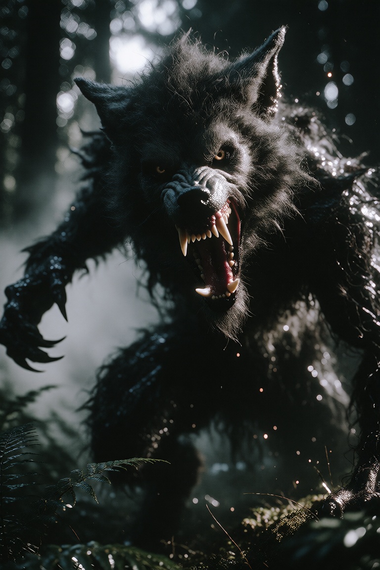 This is a digitally-created,  highly detailed,  realistic CGI image of a werewolf in a forest. The werewolf is in a dynami...