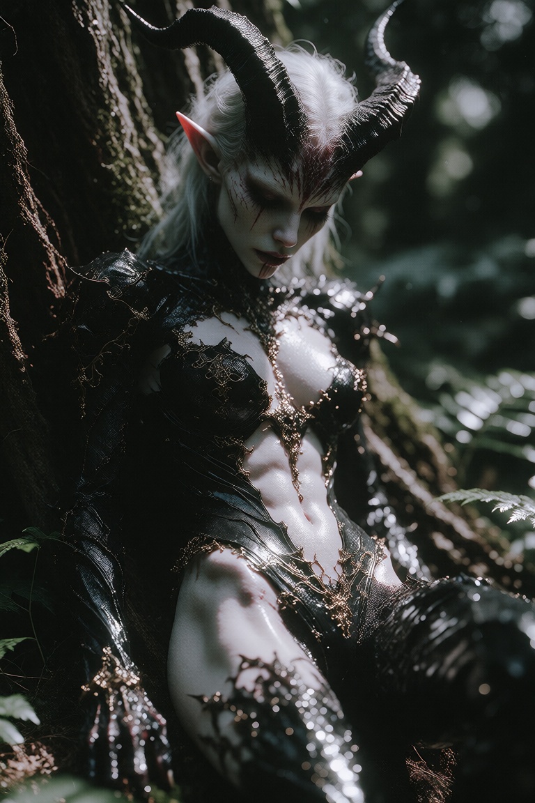 Photograph of a dark fantasy female demon in a forest. She has pale white skin,  long white hair,  and large on Tensor.Art