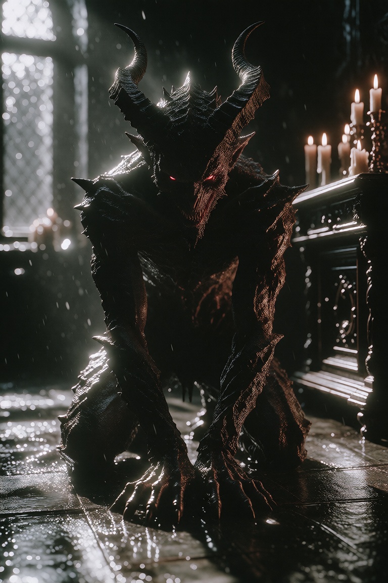 This is a dark,  atmospheric photograph showing a demonic figure kneeling on a damp,  mirror-shiny floor in a dimly lit Go...