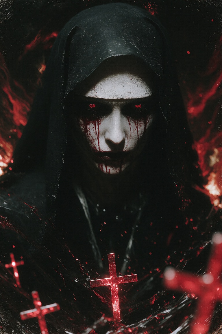 This digital painting depicts a dark,  ominous figure of a nun with a haunting,  sinister appearance. The nun is centered...