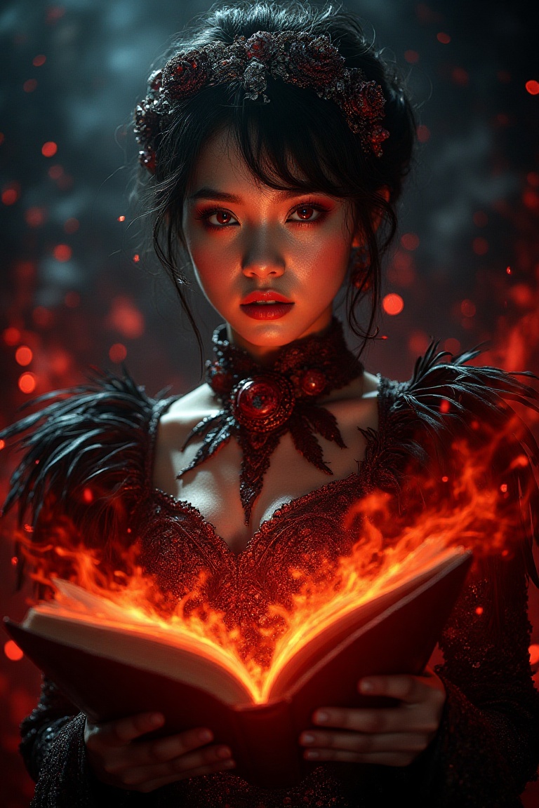 A vivid photograph captures a young woman with intense glowing red eyes and dark short hair adorned with a subtle dark flo...