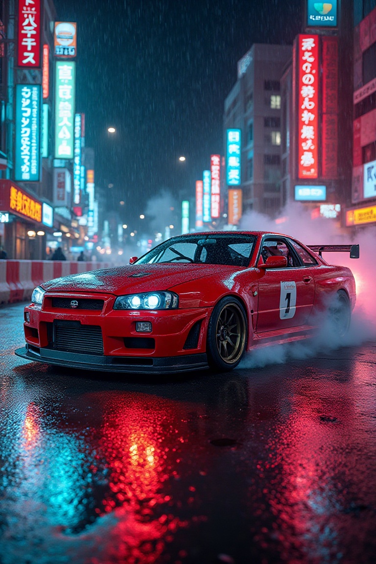 Bright artificial lights illuminate a dynamic medium shot slightly from a low and angled viewpoint,  showcasing a red Niss...