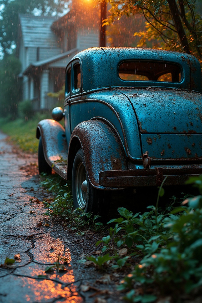 A decrepit scene unfolds: a 1932 Ford Tudor Sedan,  faded blue hue glistening under strobe light's eerie glow. Framed at a...