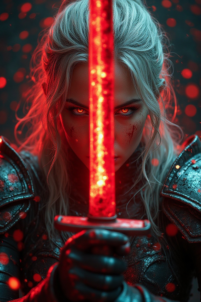 A vivid photograph captures a fierce warrior holding a glowing red katana directly in front of her face in an intense,  ba...